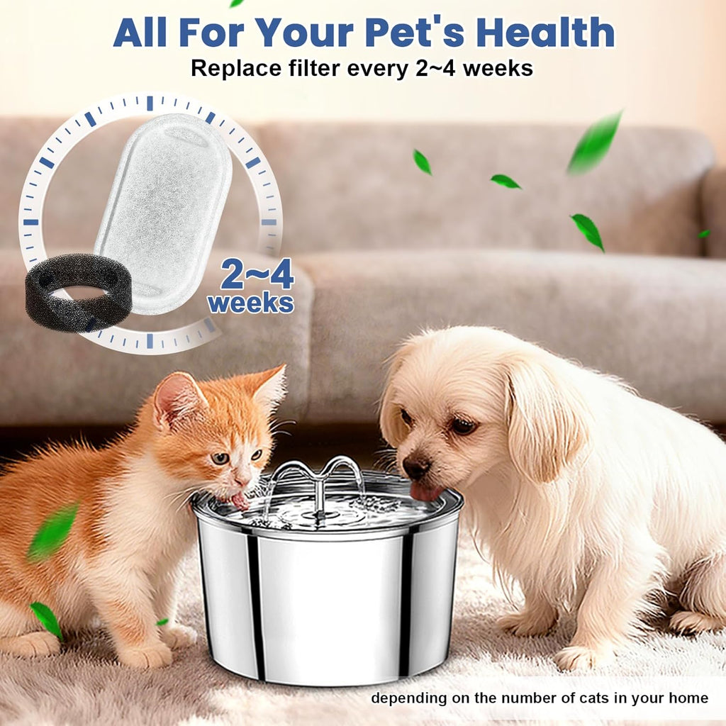 Cat Water Fountain Filters Replacement, 16 Pcs Pet Water Fountain Filter with 16 Pcs Foam Sponges for 67oz/2L & 108oz/3.2L Stainless Steel Pet Cat Water Fountain Dispenser Filters