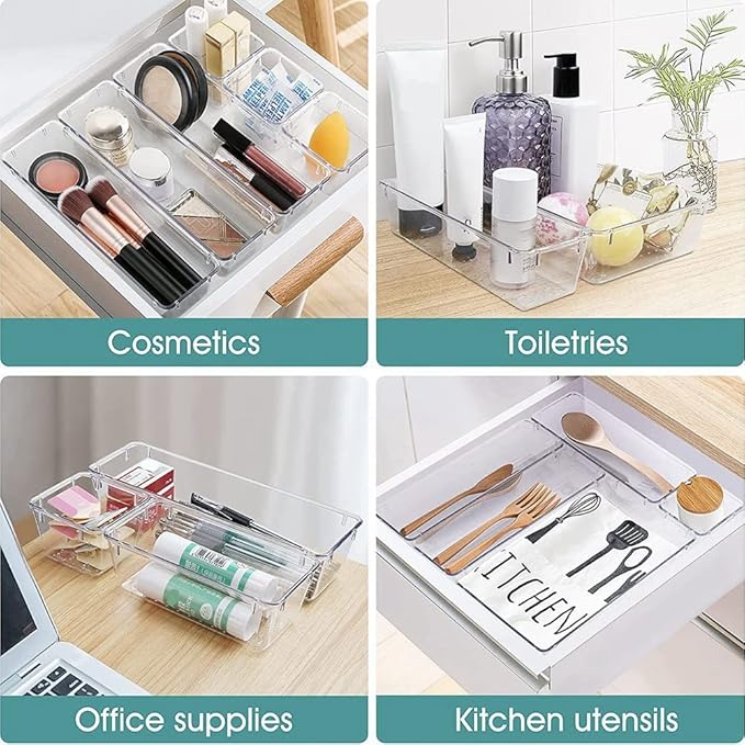15PCS Clear Plastic Drawer Organizer Set 4-Size Versatile Bathroom and Vanity Drawer Organizer Trays Storage Bins