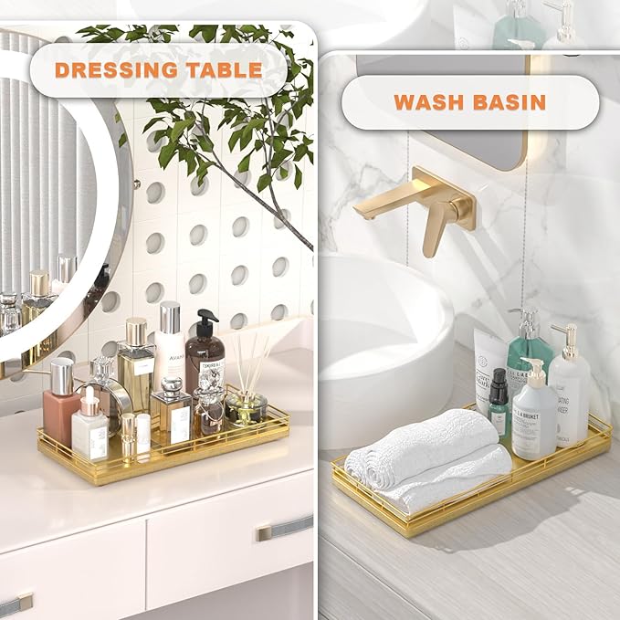 Oak Bathroom Toilet Tank Tray, 13" Wood Toilet Paper Storage Basket Back of Toilet Basket Organizer, Vanity Tray for Perfume Makeup Candle Kitchen Counter Coffee Table Decor, Gold