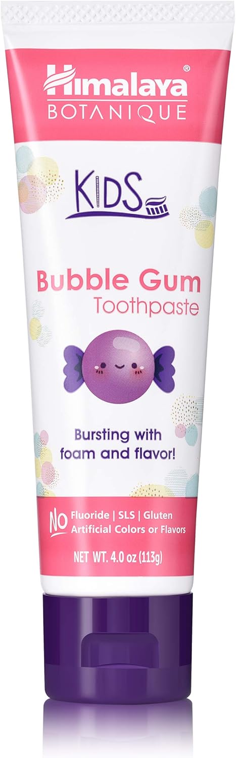 Himalaya Botanique Kids Toothpaste with Xylitol, Bubble Gum Flavor - Gentle Fluoride Free Toothpaste - Vegan, Gluten Free, SLS Free, No Artificial Flavors or Colors, 4 oz