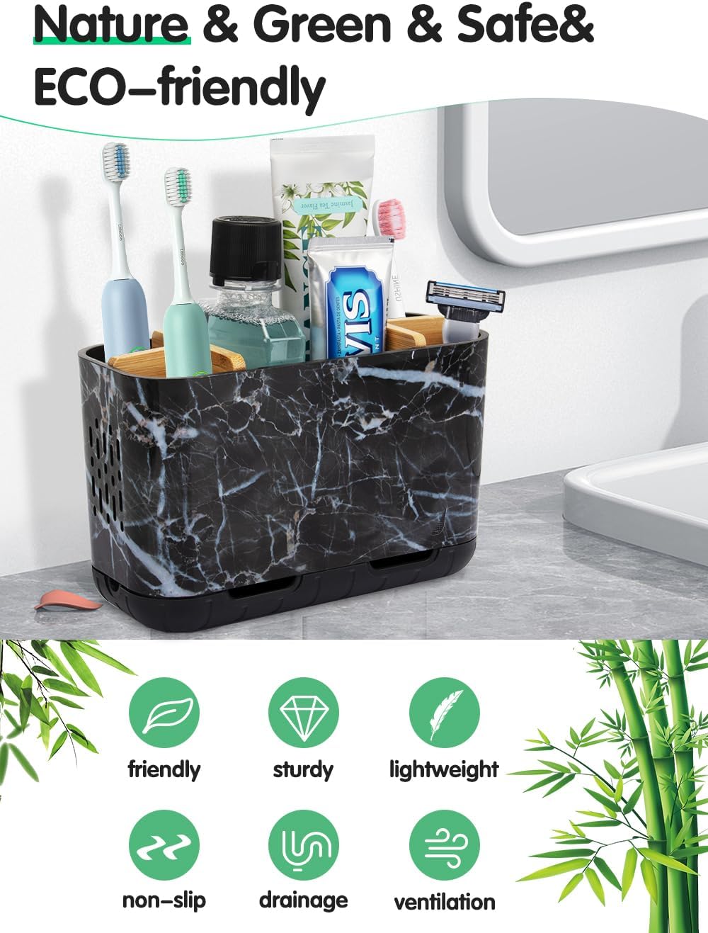 Marble Toothbrush Holders, 5 Slots Bamboo Toothbrush and Toothpaste Holder for Bathroom Counter with Drainage, Kids Electric Toothbrush Organizer, Black Toothbrush Holders for Bathrooms