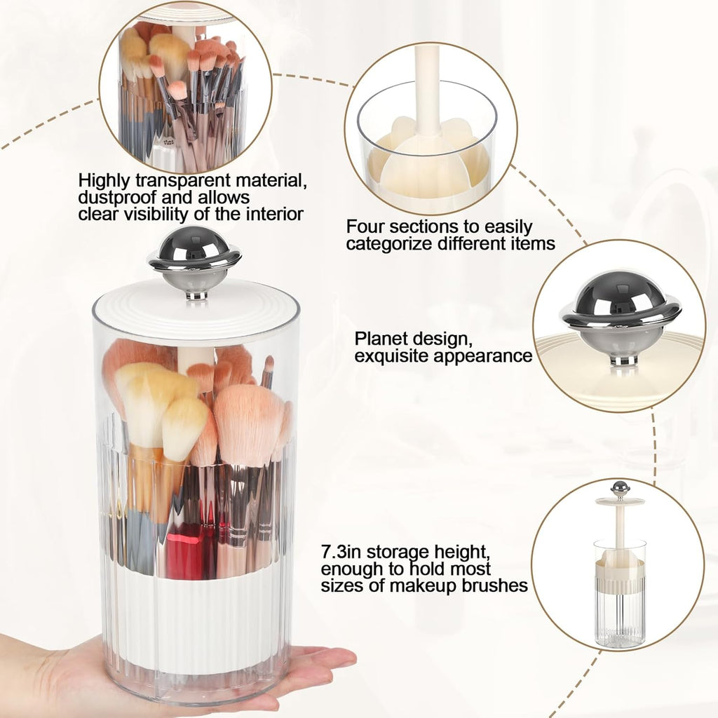2 Pack Makeup Brush Holder with Lid Automatic Lifting Makeup Brush Organizer with Lid Dustproof & Waterproof 4-Compartment Clear Makeup Organizer for Vanity,Office,School,Dorm Room,Silver+Silver