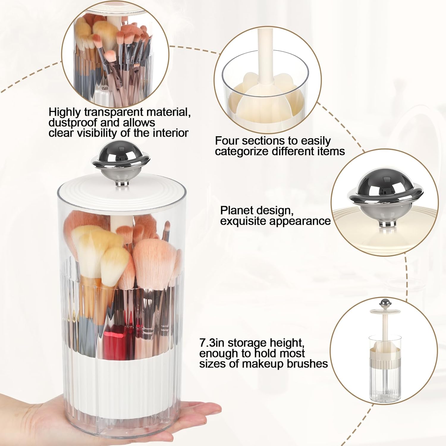 2 Pack Makeup Brush Holder with Lid Automatic Lifting Makeup Brush Organizer with Lid Dustproof & Waterproof 4-Compartment Clear Makeup Organizer for Vanity,Office,School,Dorm Room,Silver+Silver