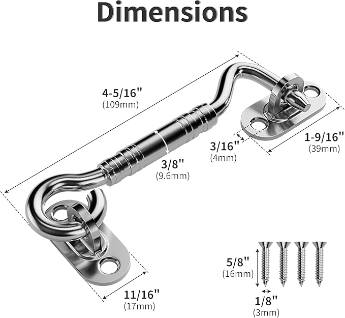 4'' Door Latch Door Lock Hardware, 4'' Stainless steels Hook and Eye Gate Latch Easy Lock for Barn Door, Silver Sliding Door Lock with Screws for Window, Cabin Hooks