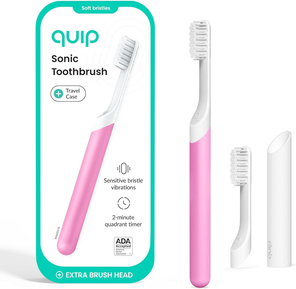 Quip Sonic Electric Toothbrush for Adults - Time Travel & Soft Bristles with Travel Case & Replacement Brush Head - 3 Month Battery Life, Plastic Handle - Magenta
