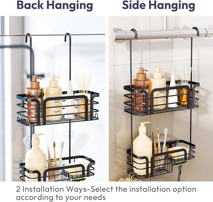 SWTYMIKI Shower Caddy Hanging Organizer - Over the Door Shower Caddy with Soap Holder, 11 Hooks, 2 Installation Ways, Stainless Steel Rustproof Bathroom Organizer, Black