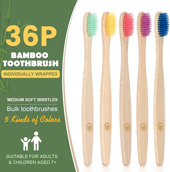 Navona 36 PCS Bamboo Toothbrushes, Kids Aged 7+ Toothbrush Pack, Eco-Friendly Natural Wooden Toothbrush Bulk, Individually Wrapped Bulk Toothbrushes，BPA Free Medium Soft Bristles