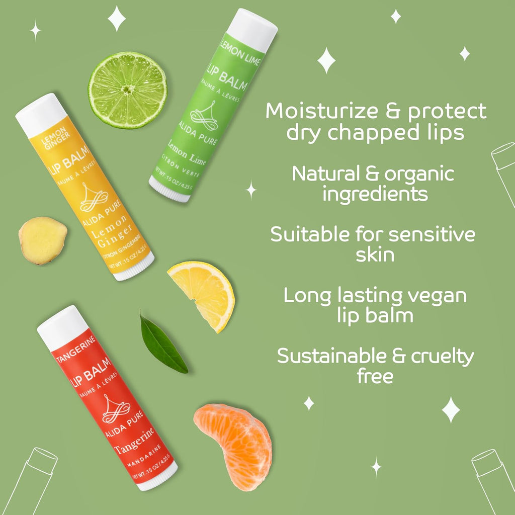 Citrus Lip Balm Collection, Vegan Set, Bees Wax Free, Coconut Oil Free, with Organic Jojoba and Avocado Oil, Vitamin E, Natural Moisturizer For Dry Cracked Lips, 3 Tube Set