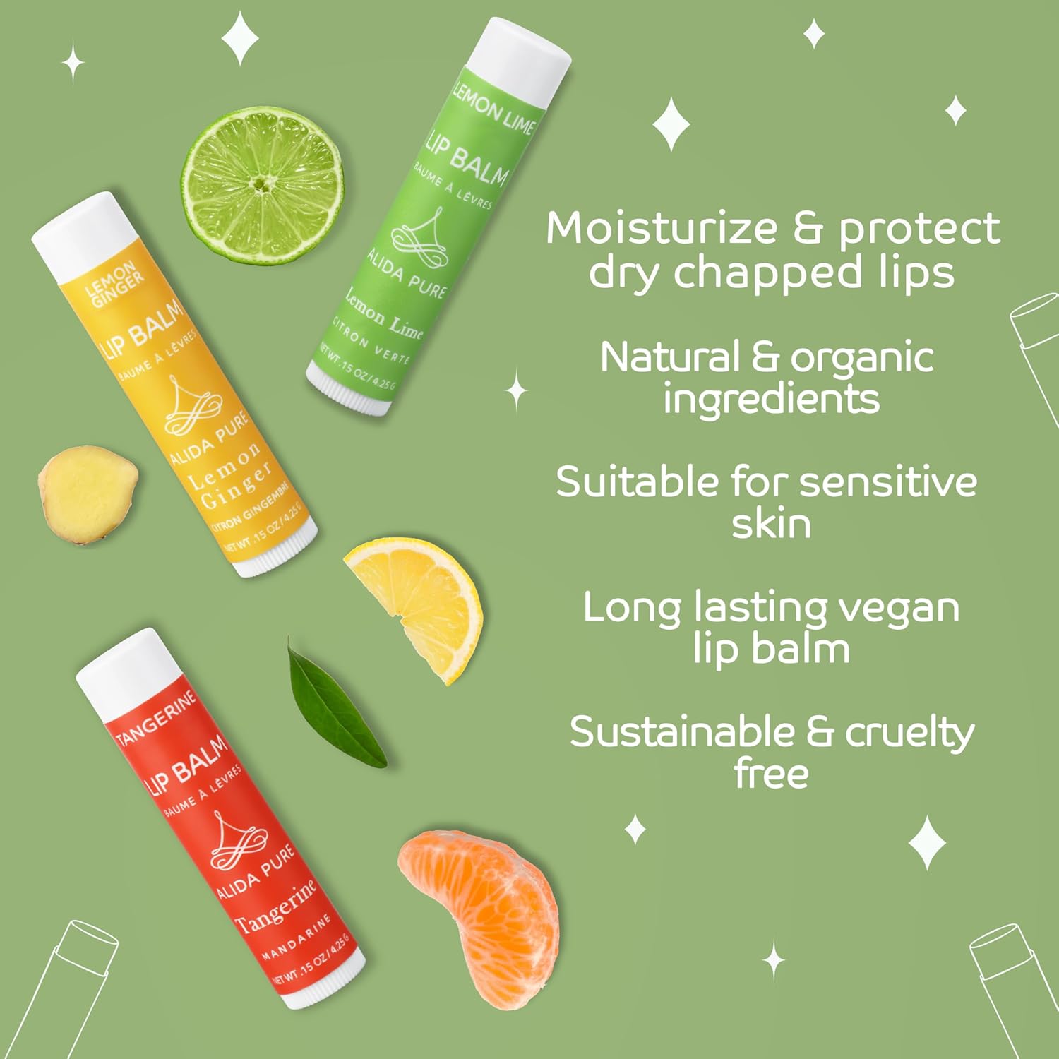 Citrus Lip Balm Collection, Vegan Set, Bees Wax Free, Coconut Oil Free, with Organic Jojoba and Avocado Oil, Vitamin E, Natural Moisturizer For Dry Cracked Lips, 3 Tube Set