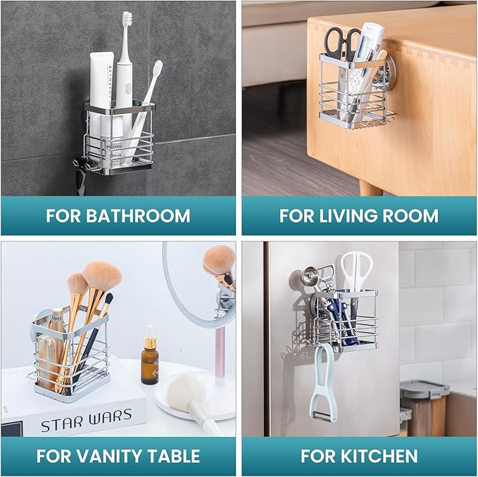 TAILI Patented Suction Cup Toothbrush Holder, Stainless Steel Anti-Puddling Shower Toothbrush Holder, No Drilling Removable Organizer for Bathroom Toothpaste, Razor, Kitchen and Office Items, Silver