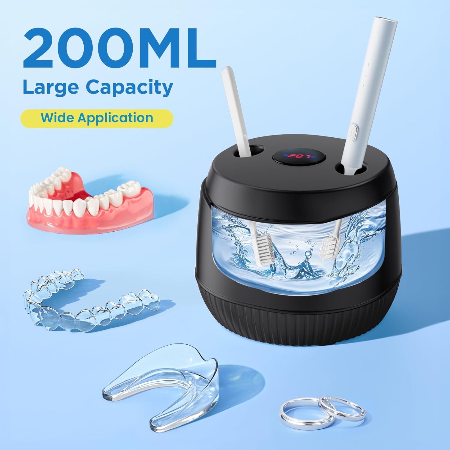 Dental Ultrasonic Retainer Cleaner Machine - Dental Cleaning Pod for Denture, Mouth Guard, Aligner, Night Guard, Braces, Toothbrush Heads, Jewelry, 45kHz Retainer Cleaner with Digital Timer & 200ML