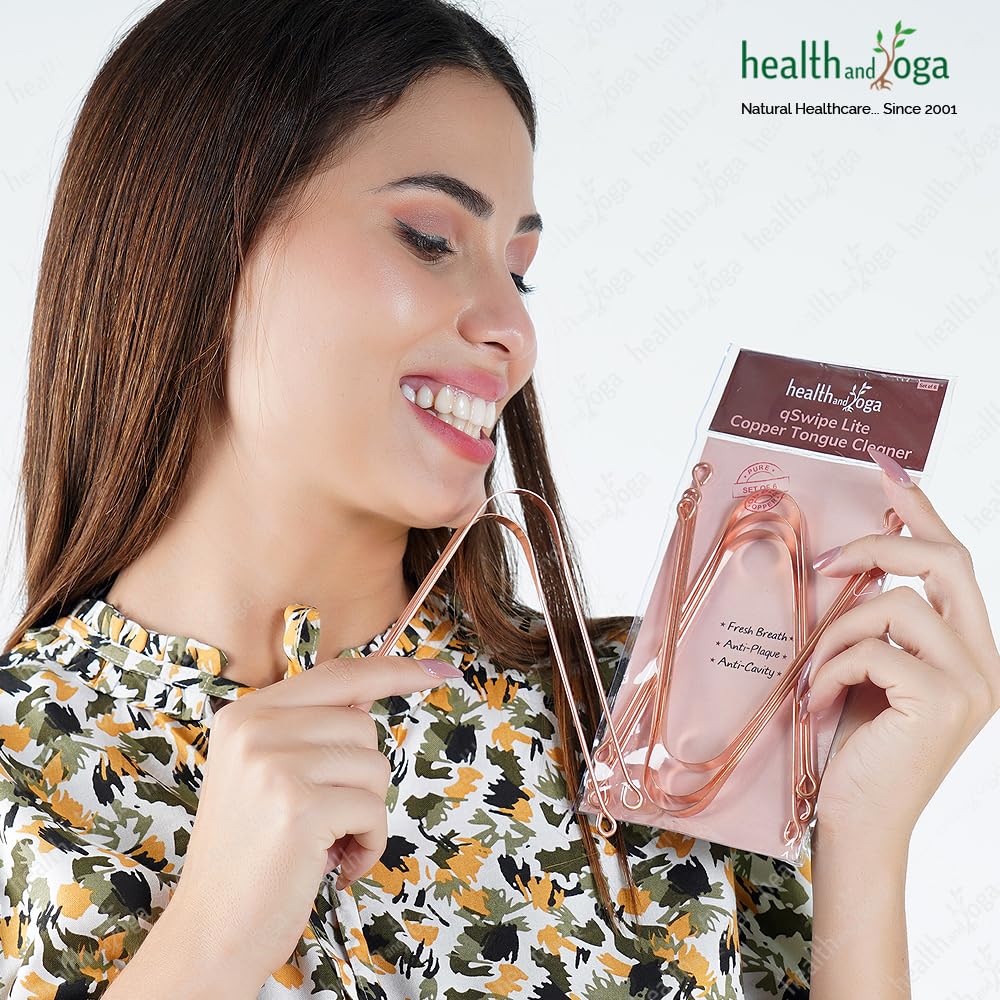 HealthAndYoga™ qSwipe Lite Copper Tongue Cleaners (Pack of 6) – Prevents Bad breath, Improves taste- Flexible, Curved ends provide good grip – Complete Oral Care/Hygiene for Travel/Office/Home