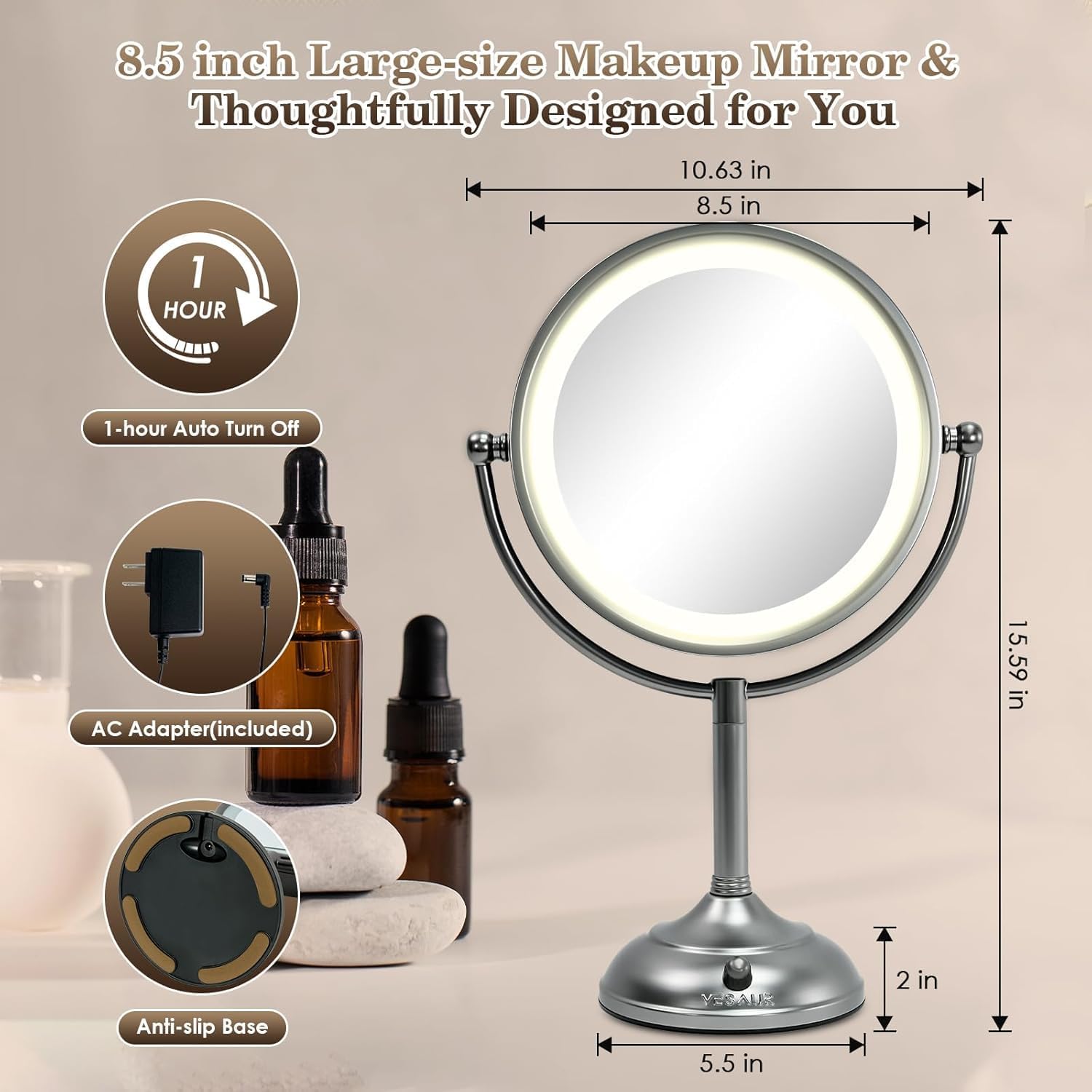 VESAUR Professional 8.5" Lighted Makeup Mirror, 1X/10X Double Sided HD Undistorted Magnifying Mirror with 3 Color 90 Dimmable LED lights, 360° Rotation Vanity Mirror, Unique Black Nickel with Gift Box