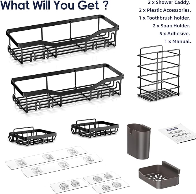 Shower Caddy Adhesive Shower Organizer 7-Pack, Rustproof Stainless Steel Bathroom Shelves, Large Capacity No-Drill Rack Storage Accessories with Soap Dish Toothbrush Holder &24 Hooks Home Decor