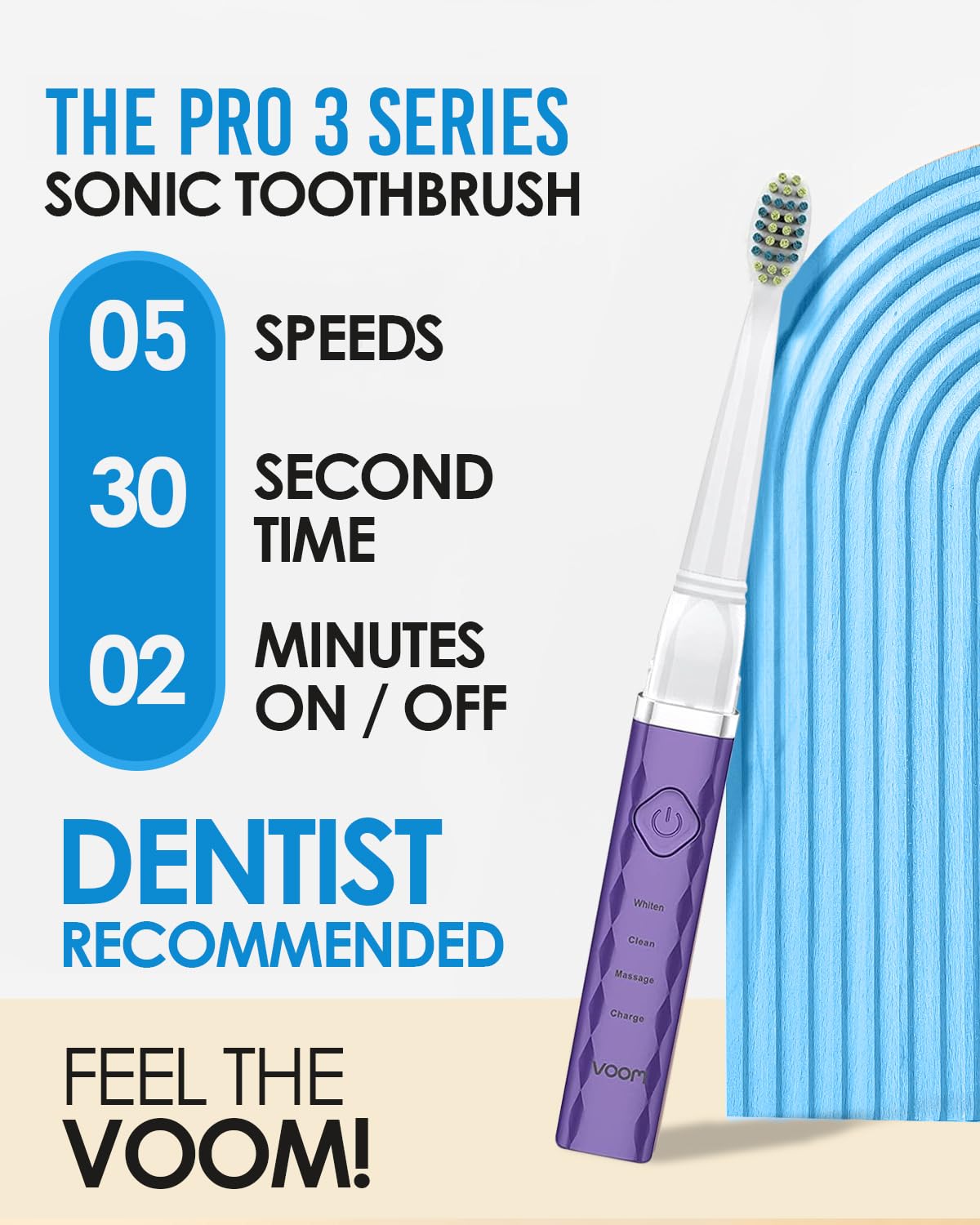 Voom Sonic Pro 3 Rechargeable Electric Toothbrush With Soft Dupont Nylon Bristles Dentist Recommended Portable Oral Care 2-Minute Timer 3 Adjustable Speeds Light Weight Design - Purple