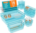 WOWBOX 16 PCS Plastic Drawer Organizer Set, 4 Sizes Desk Drawer Organization and Storage Containers for Makeup, Cosmetics, Jewelry and Gadgets in Kitchen, Bathroom, Bedroom, Office, Clear Sea Blue