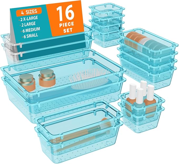 WOWBOX 16 PCS Plastic Drawer Organizer Set, 4 Sizes Desk Drawer Organization and Storage Containers for Makeup, Cosmetics, Jewelry and Gadgets in Kitchen, Bathroom, Bedroom, Office, Clear Sea Blue