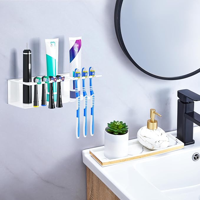Electric Toothbrush Head Holders, Electric Toothbrush Holders Wall Mounted, Shower Electric Head Holder, Toothbrush and Toothpaste Holder, Adhesive Tooth Brushing Holder for Bathroom (White, Large)