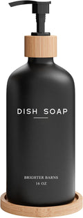 Black Glass Dish Soap Dispenser for Kitchen Sink by Brighter Barns - Modern Kitchen Soap Dispenser Set with Tray - Bamboo Bottle with Pump - Boho Home Decor, Modern Home Decor for Airbnb, Gift (Black)