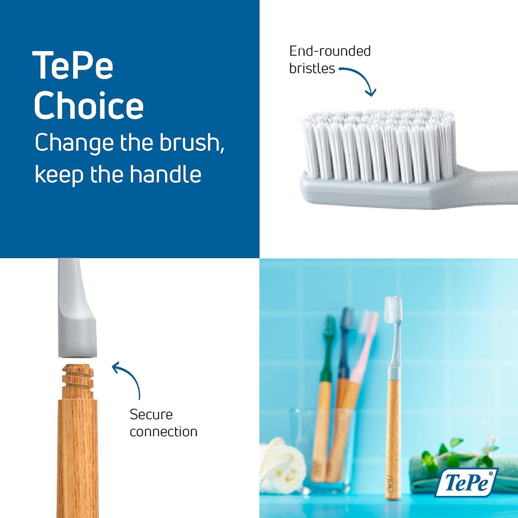 TePe Choice Soft Toothbrush, Dental Toothbrush for Teeth Cleaning with 3 Replaceable Toothbrush Heads, Gray