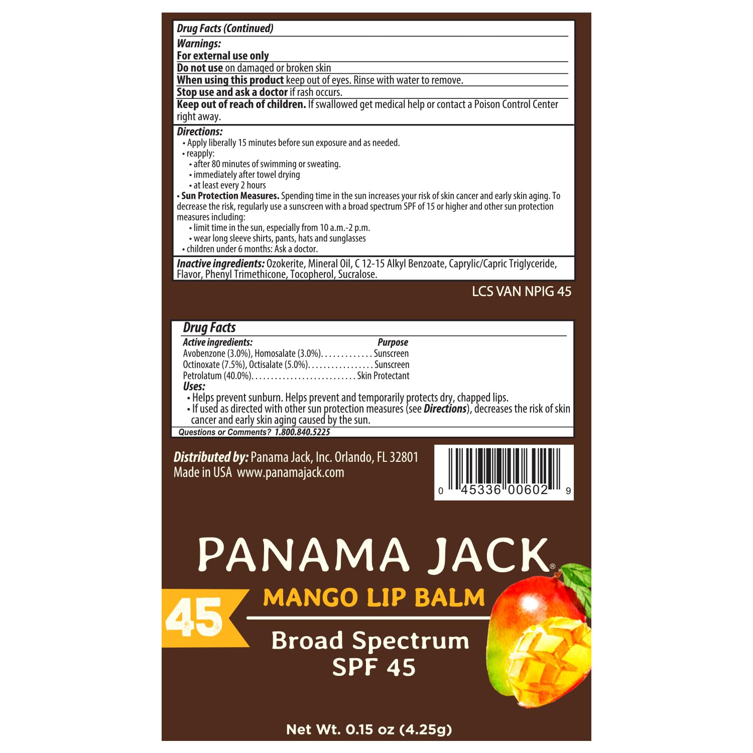 Panama Jack Sunscreen Lip Balm - SPF 45, Broad Spectrum UVA-UVB Sunscreen Protection, Prevents & Soothes Dry, Chapped Lips, Mango, 2-pack