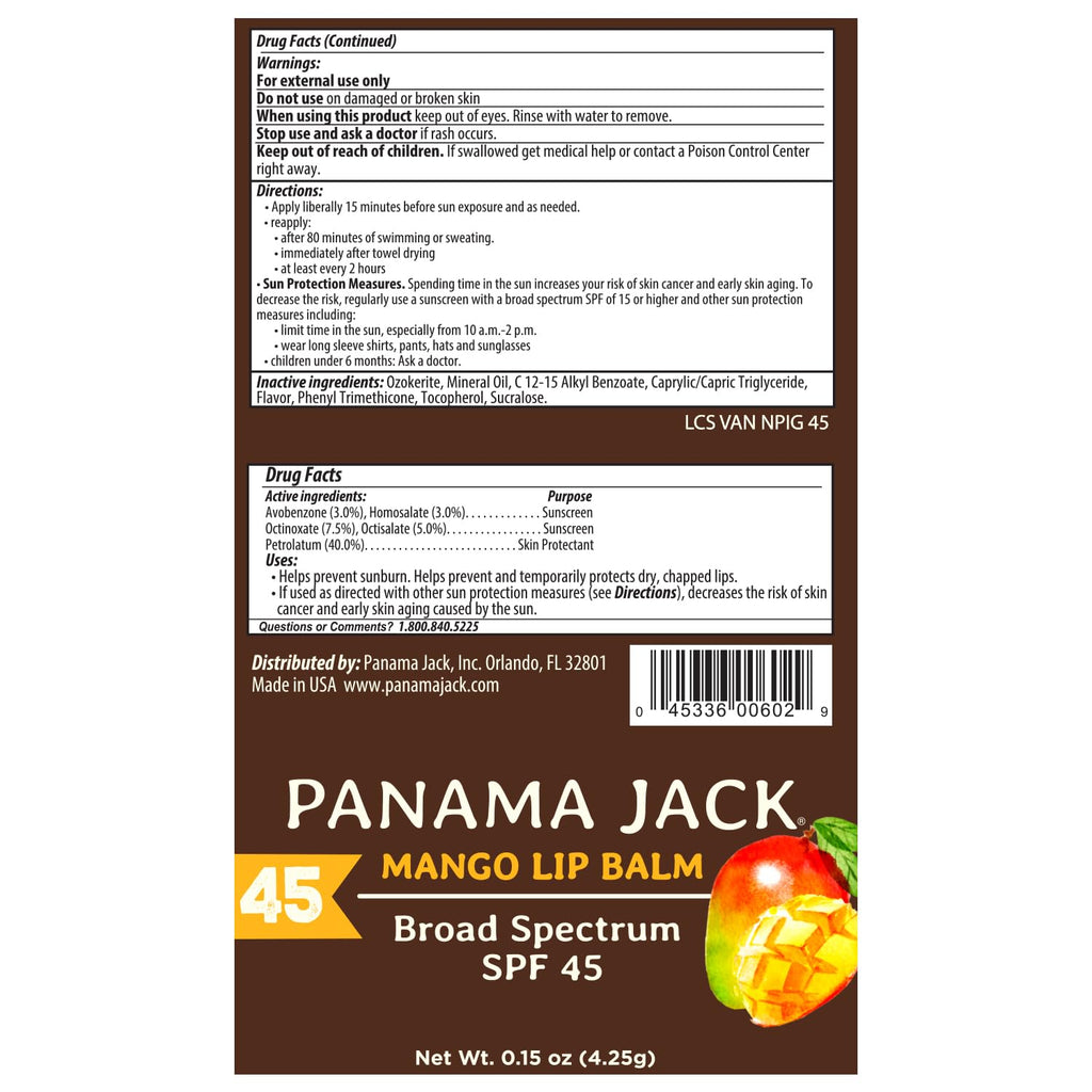 Panama Jack Sunscreen Lip Balm - SPF 45, Broad Spectrum UVA-UVB Sunscreen Protection, Prevents & Soothes Dry, Chapped Lips, Mango, 3-pack