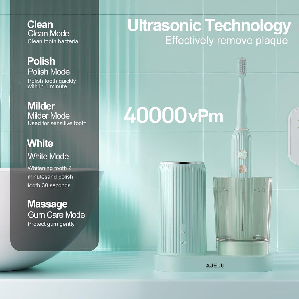 Rechargeable Sonic Toothbrush with Drying Holder, 8 Brush Heads, Smart Timer, Waterproof Design – Mint Green Edition