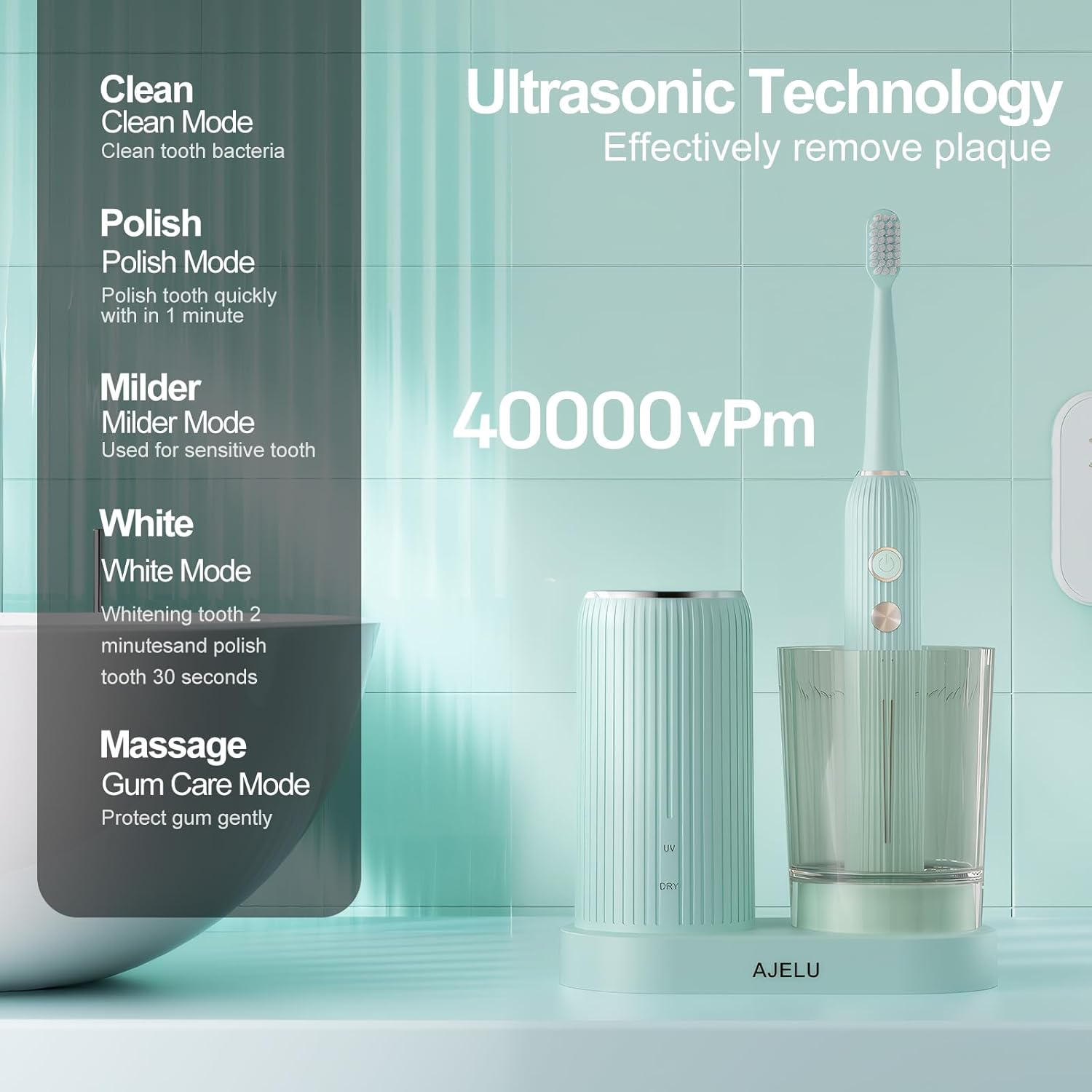 Rechargeable Sonic Toothbrush with Drying Holder, 8 Brush Heads, Smart Timer, Waterproof Design – Mint Green Edition