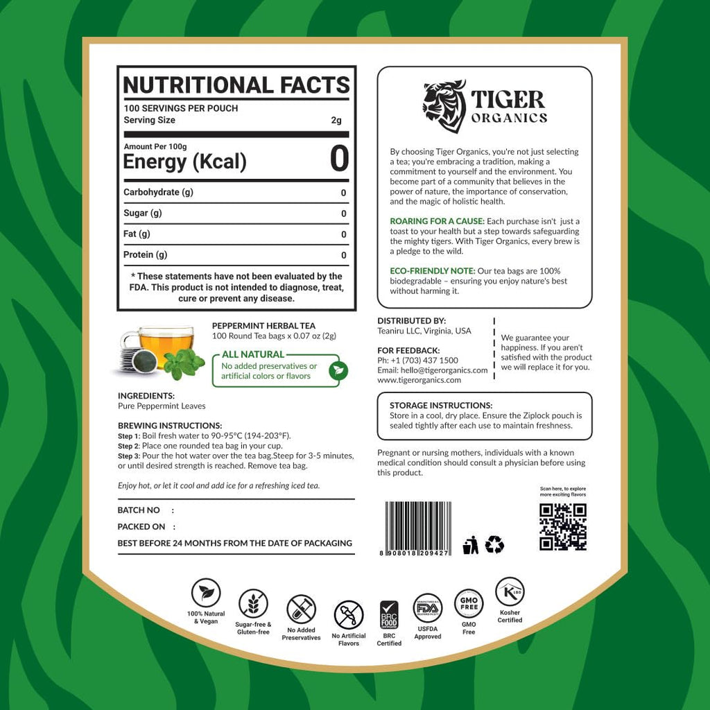 Tiger Organics, Peppermint Herbal Tea (100 Biodegradable Teabags) Supports Healthy Digestion & Promotes Relaxation | Your All-time Caffeine-free Infusion | USDA Organic Certified | Thanks Giving