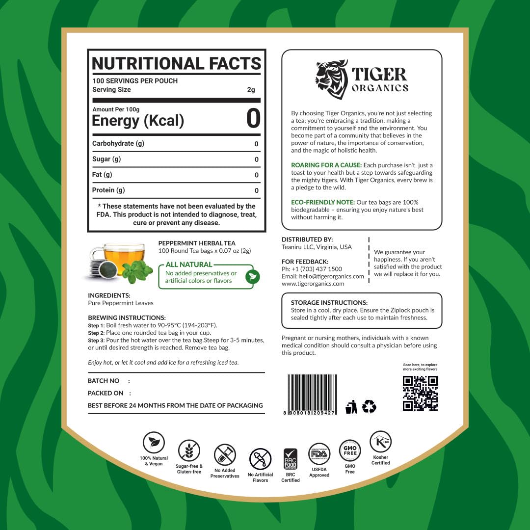 Tiger Organics, Peppermint Herbal Tea (100 Biodegradable Teabags) Supports Healthy Digestion & Promotes Relaxation | Your All-time Caffeine-free Infusion | USDA Organic Certified | Thanks Giving