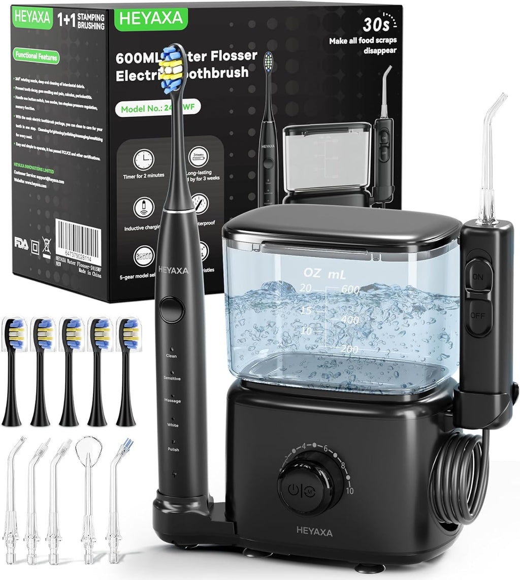 Professional Water Flosser & Electric Toothbrush Combo, 600ML Home Use Oral Irrigator for 10 Adjustable Water Pressure, 2 Cleaning Modes, 1+1 Brushing & Flossing for Complete Oral Care (Black)