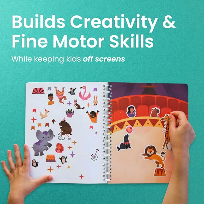 Cupkin Circus Show Activity Set for Kids, Side by Side Sticker Collection, Toddler Travel Essentials, 300+ Circus-Themed Stickers + 8 Play Scenes and Coloring Pages, Small Activity Pack