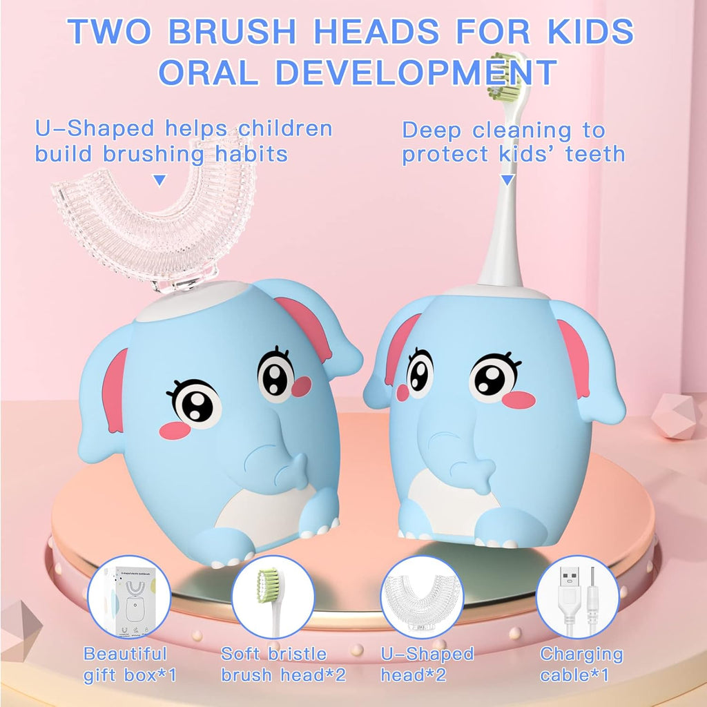 Kids Electric U Shaped Toothbrush Children Rechargeable Sonic Toothbrush with 4 Brush Heads Full Mouth 6 Cleaning Modes - (Age 2-7 Blue)
