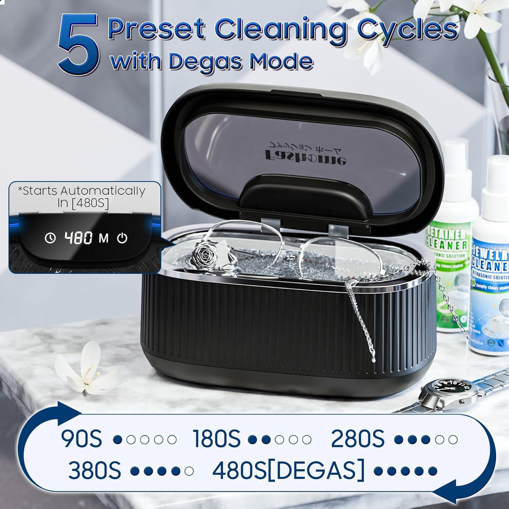Ultrasonic Cleaner Set with Basket & Light, 304 Stainless Steel Tank, Includes 2×100ml Cleaning Solutions for Silver, Gold, Diamond Rings, Retainers, Glasses, Dentures & Watches
