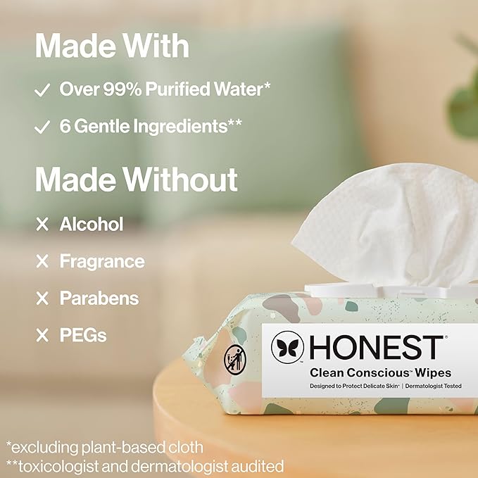 The Honest Company Clean Conscious Multi-Use Wipes Unscented Hypoallergenic Baby for Sensitive Skin 99% Water Plant-Based Compostable Geo Mood 576 Count