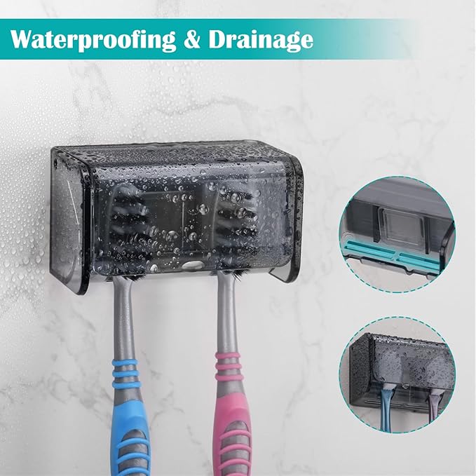 2 PCS Toothbrush Holders Wall Mounted with Cover, Electric Tooth Brushing Holder for Bathroom, 2 Slots Self Adhesive Toothbrush Organizer for Family, Kids (2, Transparent Black)