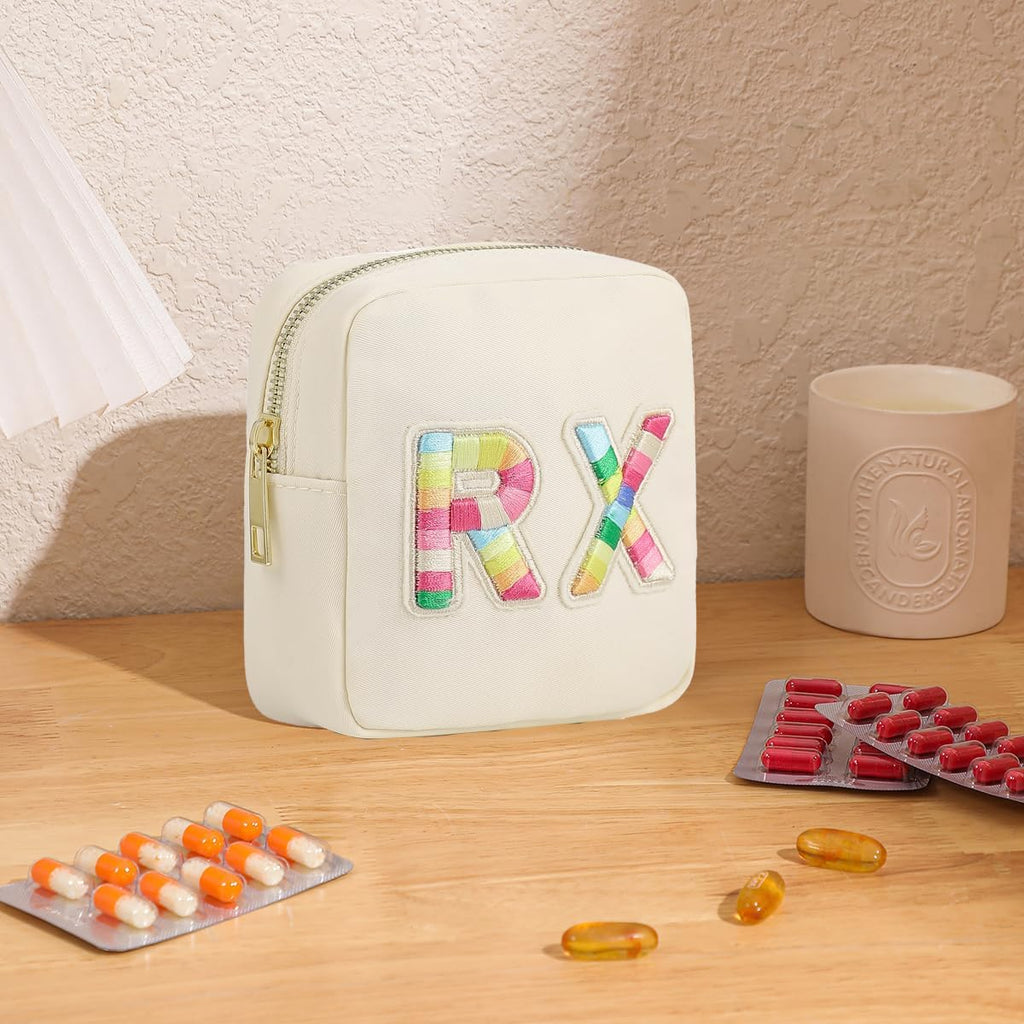 Small Nylon Rx Medicine Bag, Cute Waterproof Chenille Letter Patch Drug Makeup Bag with Metal Zipper, Pill Bag for Purse, Mini Travel First Aid Purse Organizer Machine Washable (08Beige RX)