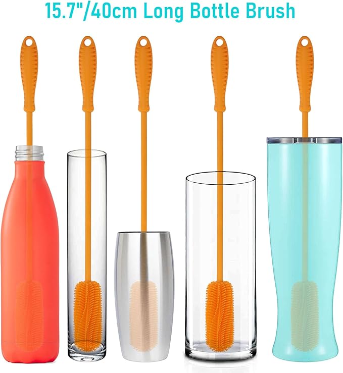15.7" Silicone Bottle Brush, ddLUCK Water Bottle Cleaner Brush for Stanley, Hydroflasks, Glass, Thermos Sports Bottle, Vase and Glassware, Bottle Brush Cleaner for Narrow Neck Containers (Orange)