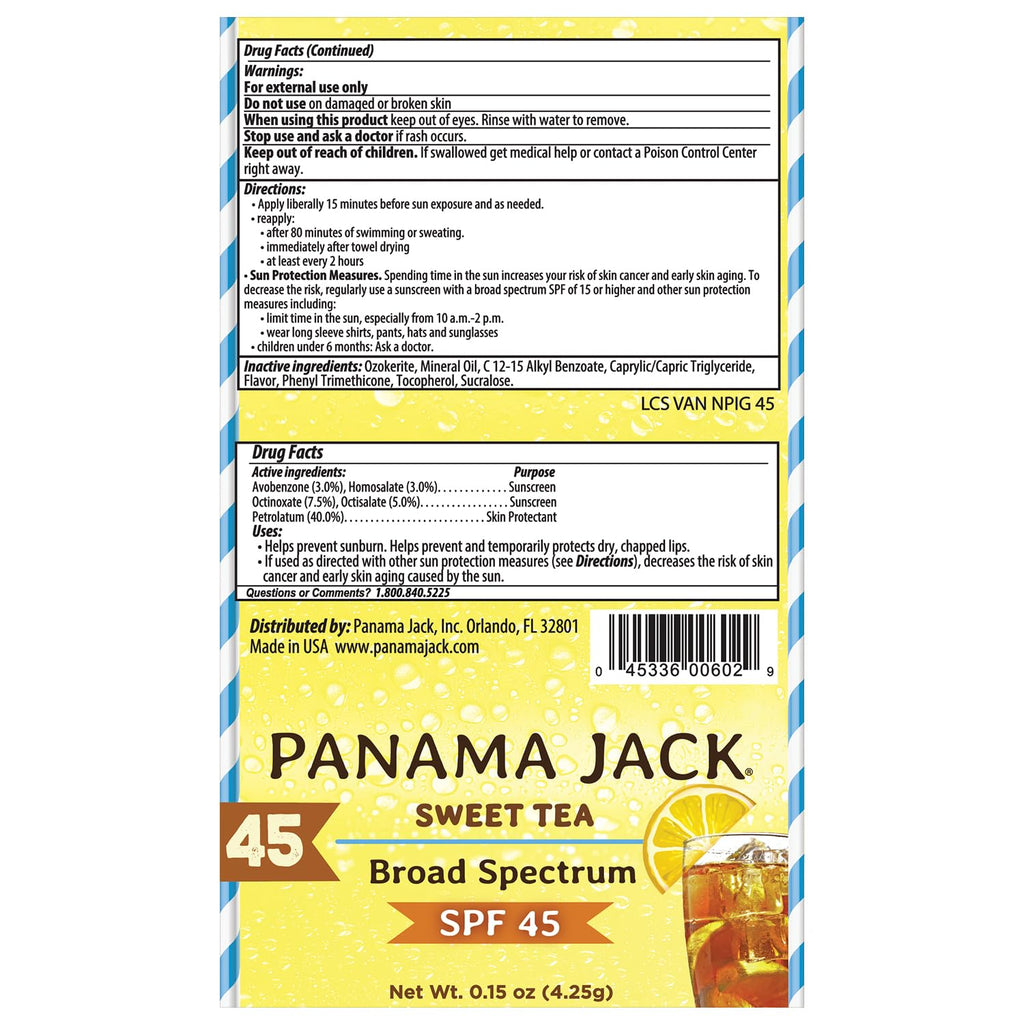 Panama Jack Sunscreen Lip Balm - SPF 45, Broad Spectrum UVA-UVB Sunscreen Protection, Prevents & Soothes Dry, Chapped Lips, Sweet Tea, 7-pack