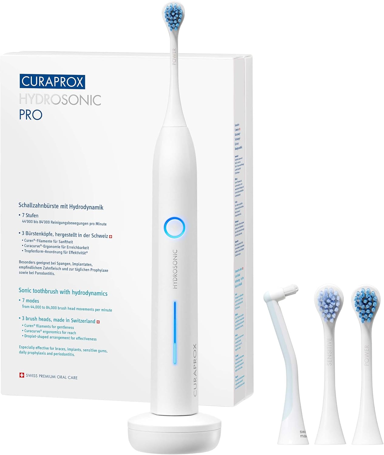 Curaprox Hydrosonic Pro Sonic Toothbrush – for Sensitive Teeth, Implants and Braces | Professional Cleaning at Home | Set with Three Brush Heads