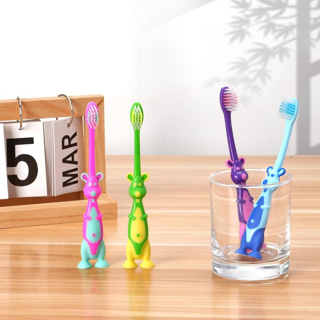 100 Pack Kids Toothbrush Bulk Soft Bristles Toddler Cute Toothbrush with Suction Cup, Includes Travel Covers, Individually Wrapped Toothbrushes for Kid Home School Daycare Camp (Kangaroo)