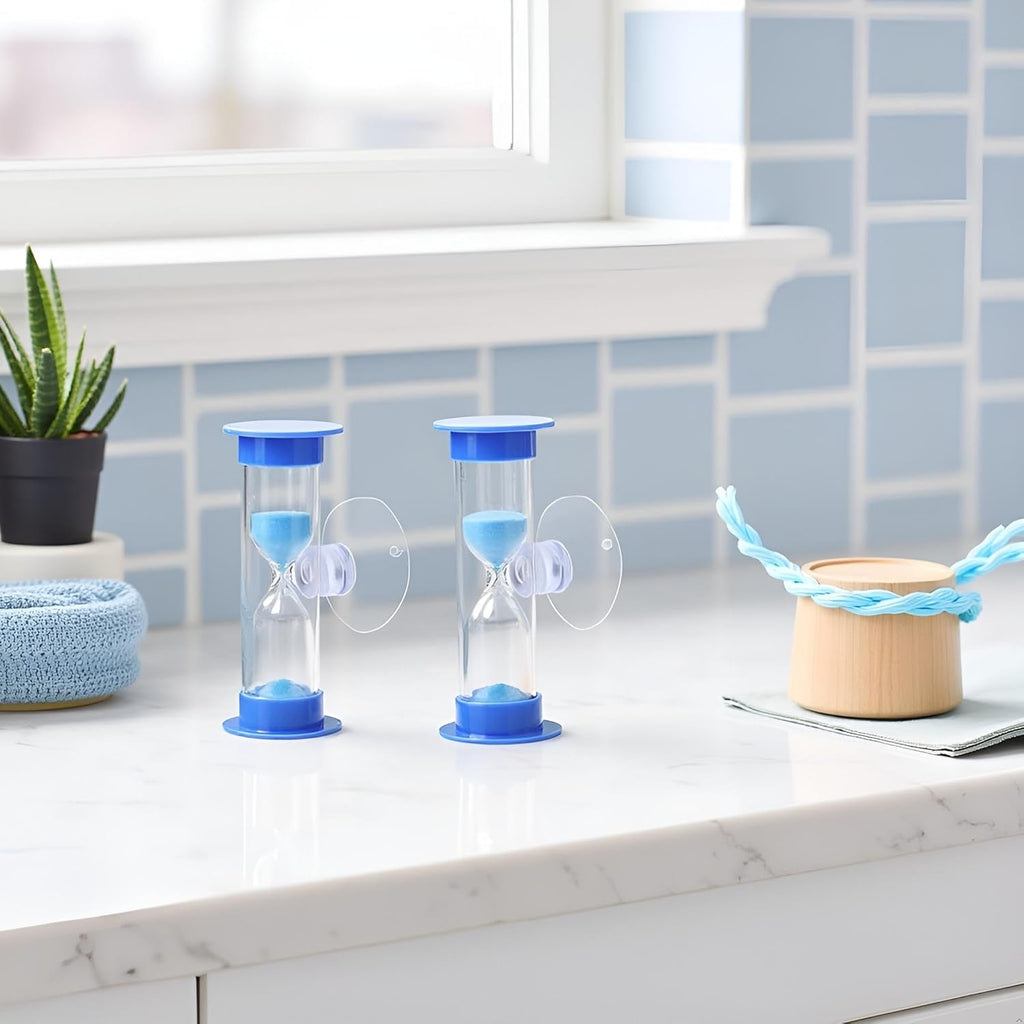 2Pcs Blue Toothbrush Timer for 2mins Sand Clock Timer 2 Minute Sand Timer, Plastic Suction Cup Hourglass Sandglass Desktop Ornament Party Favors
