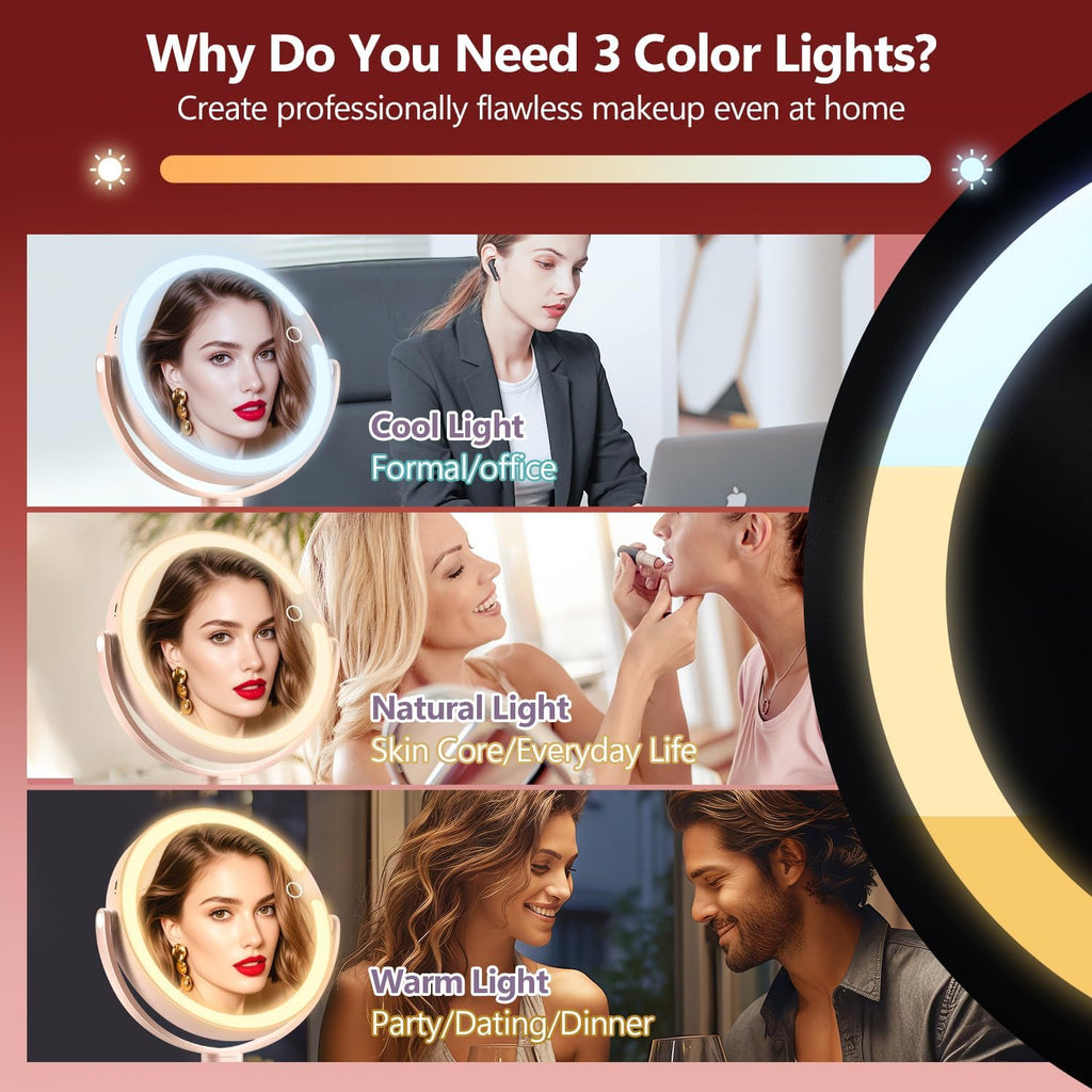 MIYADIVA Makeup Mirror with Lights,20X Magnifying Mirror with Light and Touch Switch,Vanity Mirror with 3 Color Light and 80 LEDs,2-Sided Lighted Magnified Mirrors 8.8 Inches, Pink