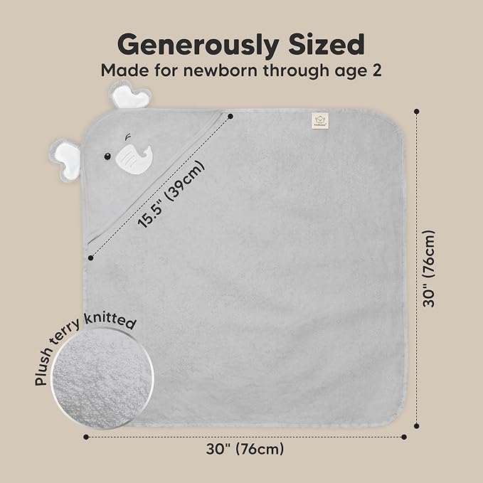 KeaBabies Hooded Baby Towel for Newborn - Viscose Derived from Bamboo Large Baby Bath Towels with Hood for Boys, Girls, Toddler, Extra Absorbent & Soft Newborn Bath Essentials (Elephant, Petite)