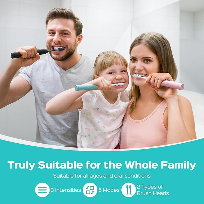 COSLUS Sonic Electric Toothbrush for Adults & Kids: 3 Intensities 5 Modes Gum-Friendly for Deep Cleaning & Whitening - 2 Types of Heads for Family, Sensitive Teeth, Braces, Travel & Home Use, White