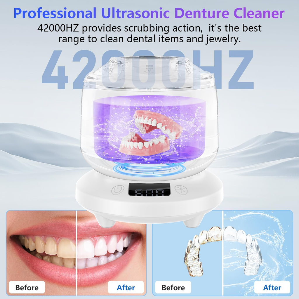 2025 Ultrasonic Retainer Cleaner for Dentures & Aligner, Durable Removable Base and Top Cover, Denture Cleaner Machine with 4 Modes for Mouth Guards, Jewelry, Rings, etc (White)