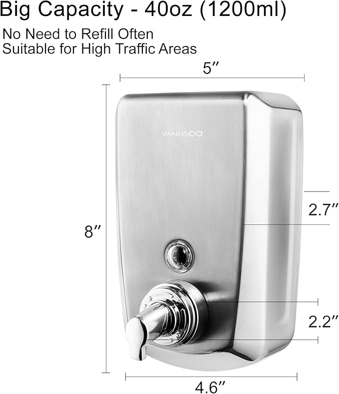 Commercial Wall Mount Stainless Steel Foam Soap Dispenser, 40 oz (1200ml) Industrial Refillable Foaming Hand Sanitizer Dispensers for Bathroom and Kitchen Brushed
