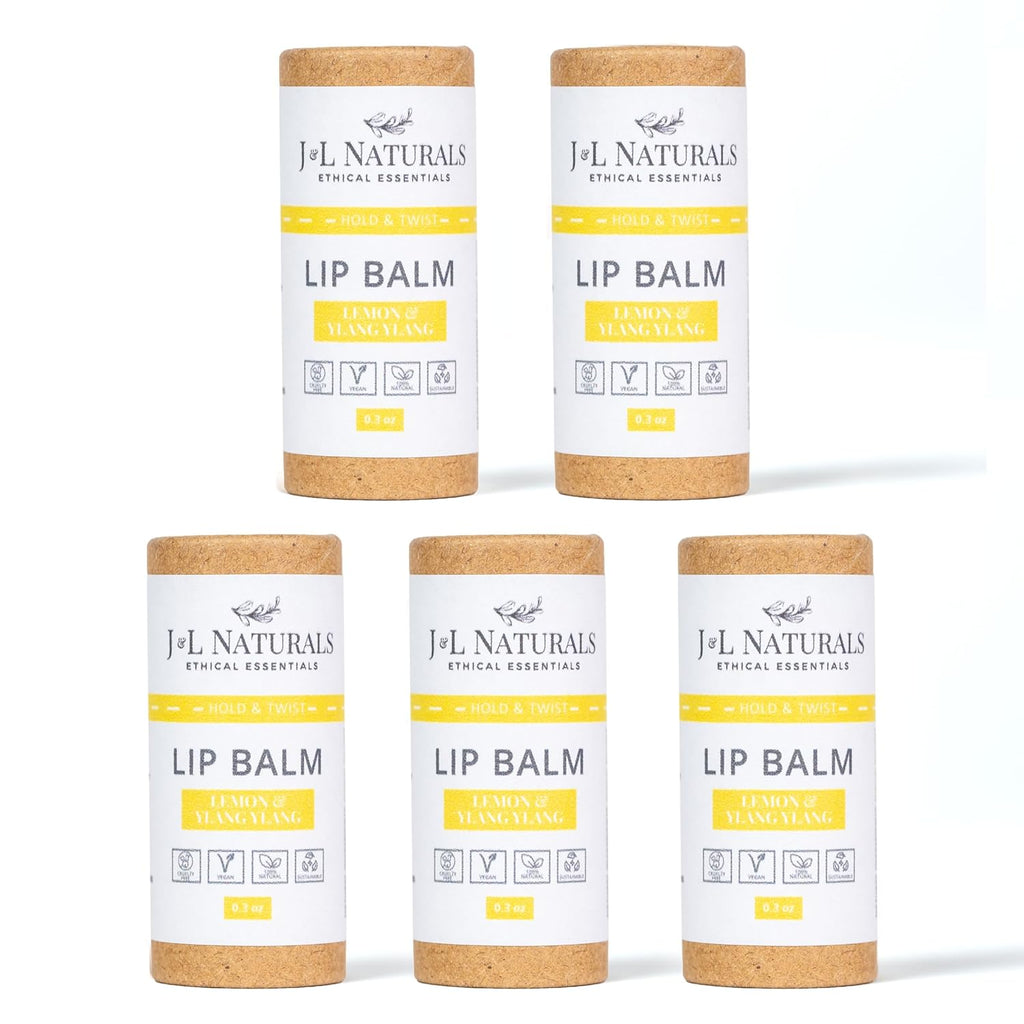 J&L Naturals Sustainable Lip Balm | Organic Ingredients, 100% Natural, Eco-Friendly | Cruelty Free, Vegan, Paraben Free, Silicone Free (Lemon & Ylang Ylang, 5-Piece Bundle)