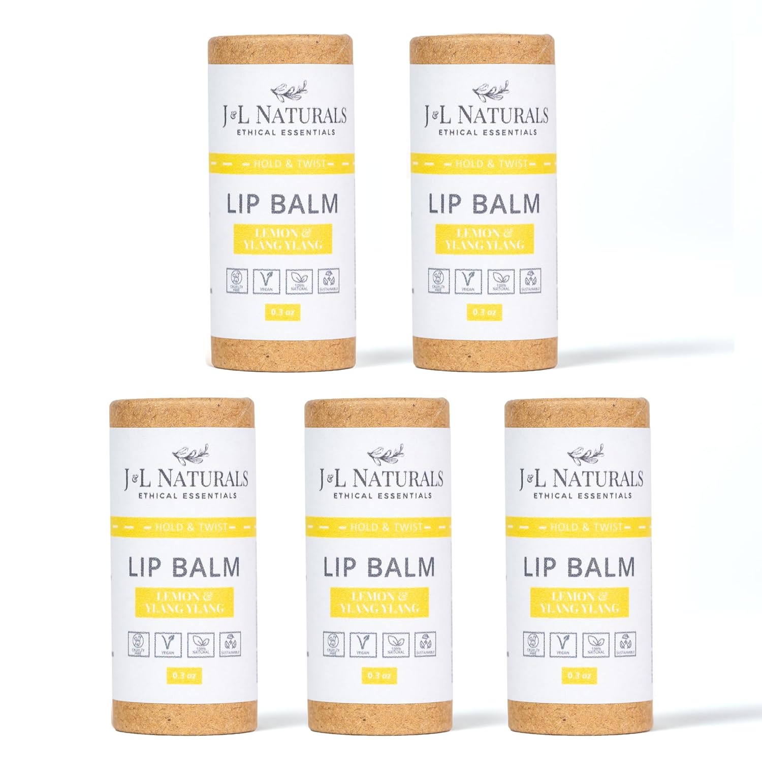 J&L Naturals Sustainable Lip Balm | Organic Ingredients, 100% Natural, Eco-Friendly | Cruelty Free, Vegan, Paraben Free, Silicone Free (Lemon & Ylang Ylang, 5-Piece Bundle)