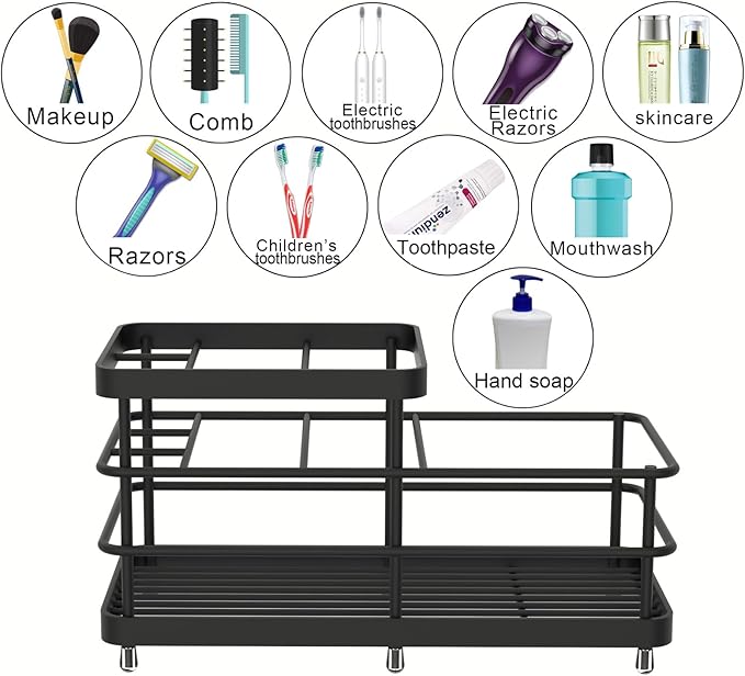 Toothbrush Holder for Bathroom, Stainless Steel Multi-Functional 6 Slots Toothbrush Razor Holder Bathroom Accessories Organizer, Black, L